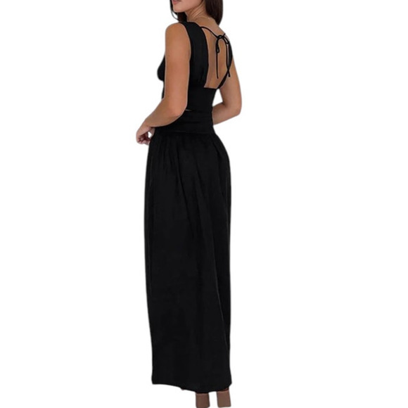 Commense Women's Small Black Solid Tie Knot V-Neck Backless Long Skirt Set - Picture 4 of 7